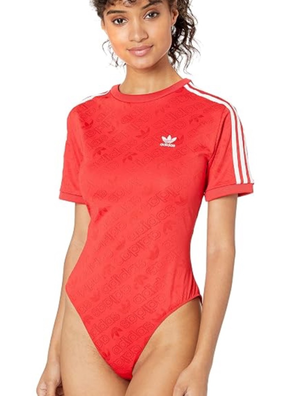 adidas Red Short-Sleeve Trefoil Bodysuit with White Stripes